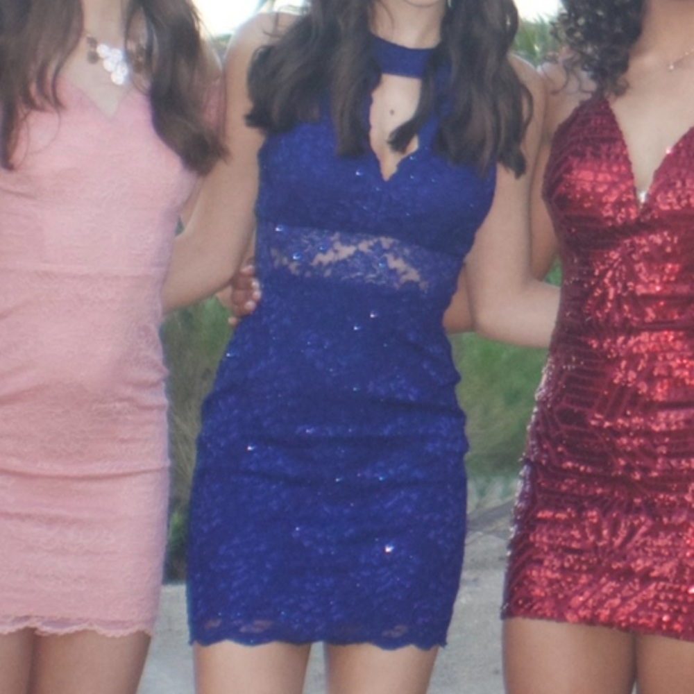 B Darlin Royal Blue Lace Midi Bodycon Dress with Keyhole